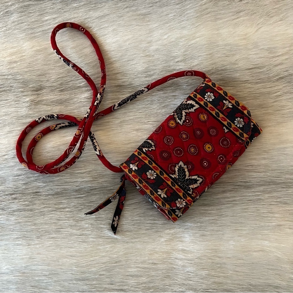 Vintage VERA BRADLEY Red Coin 1999 Wallet on a String Black Yellow Velcro Leaves